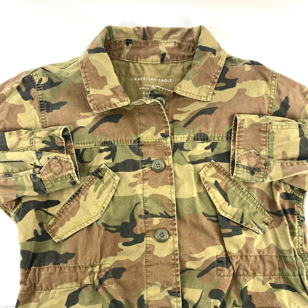 American Eagle Shirt Drawstring Womens Camo Button Long Sleeve Utility Jacket L